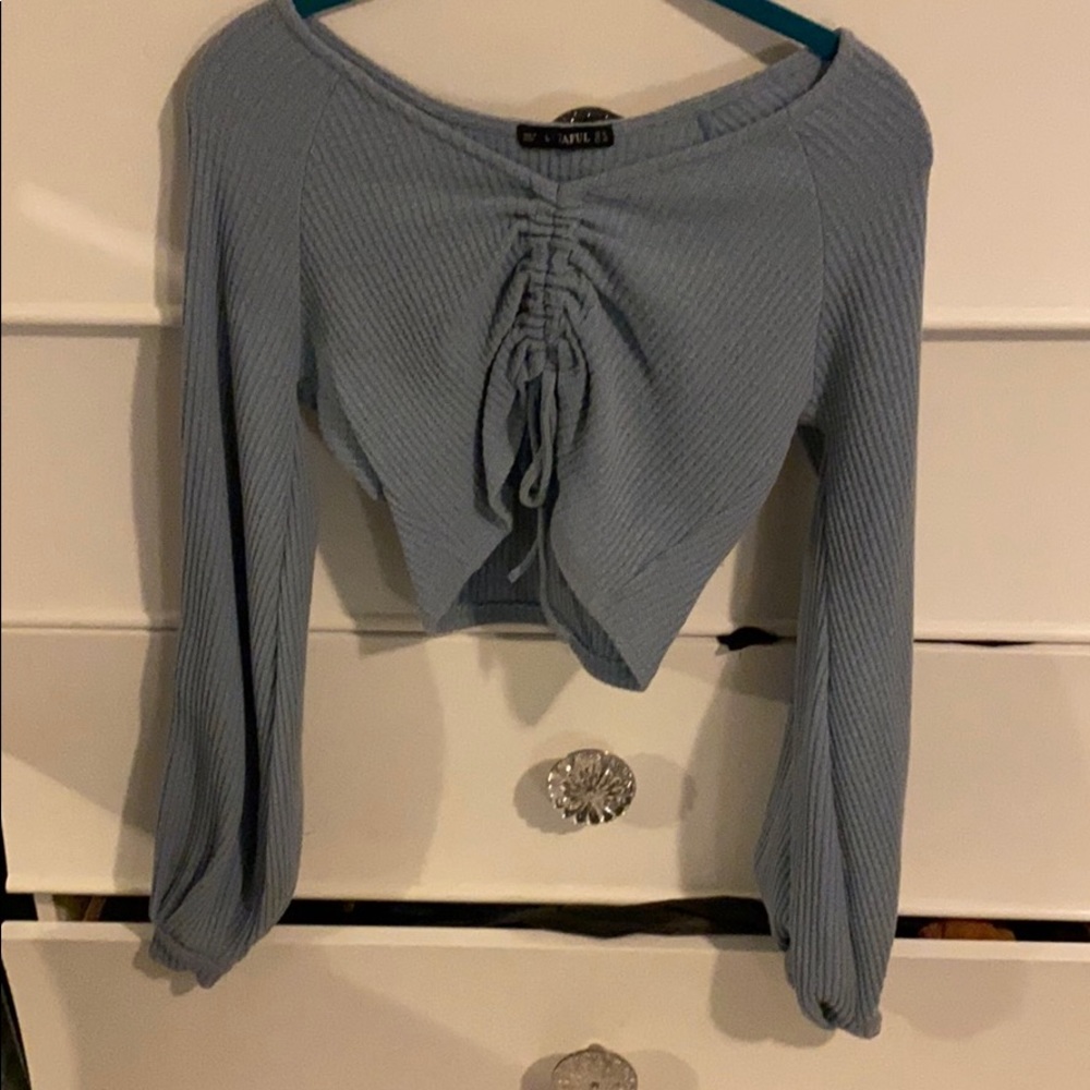 Blue long sleeve crop top with genie sleeves